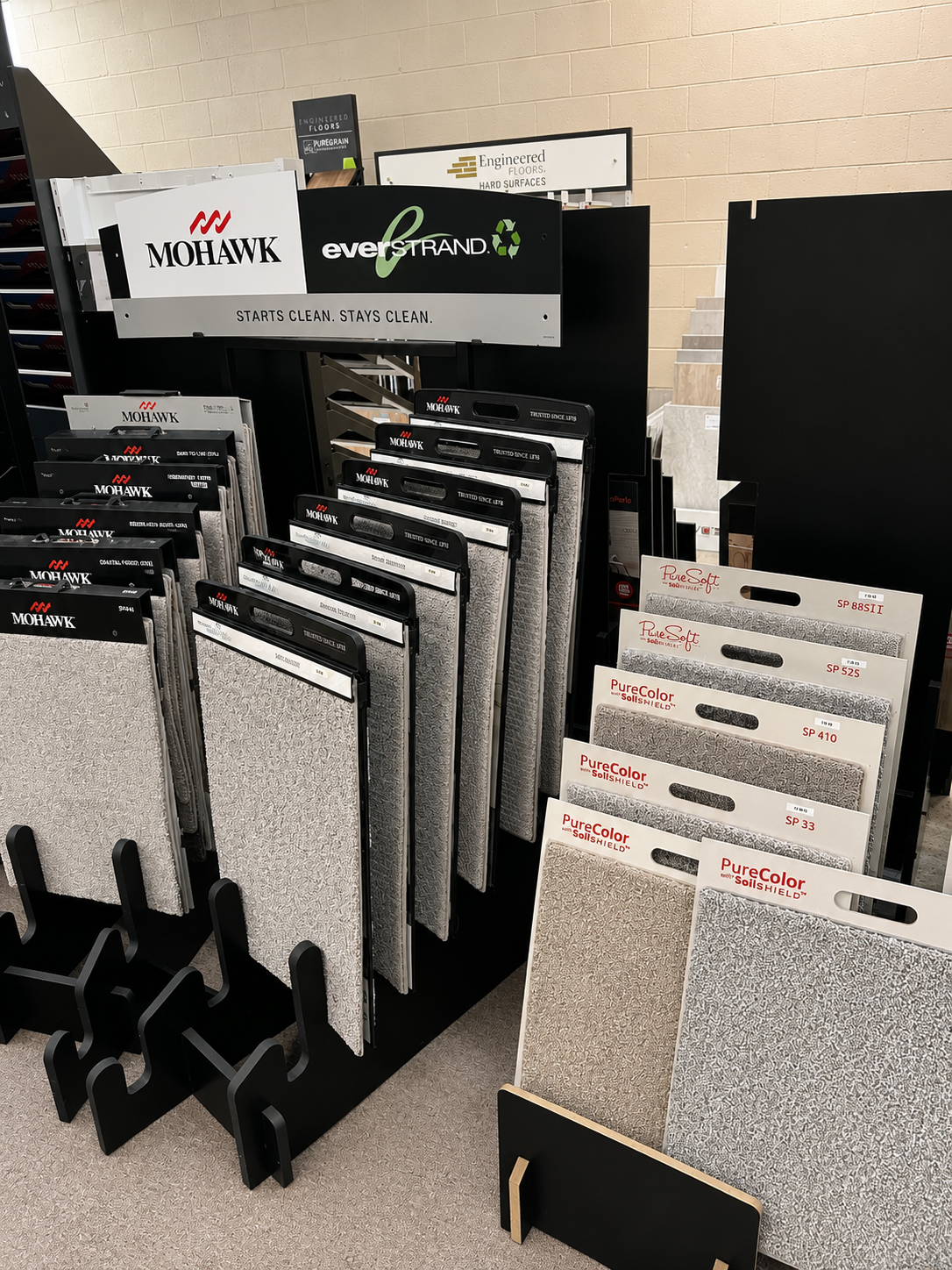 Carpet and soft flooring options displayed in the Carolina Floor Covering showroom