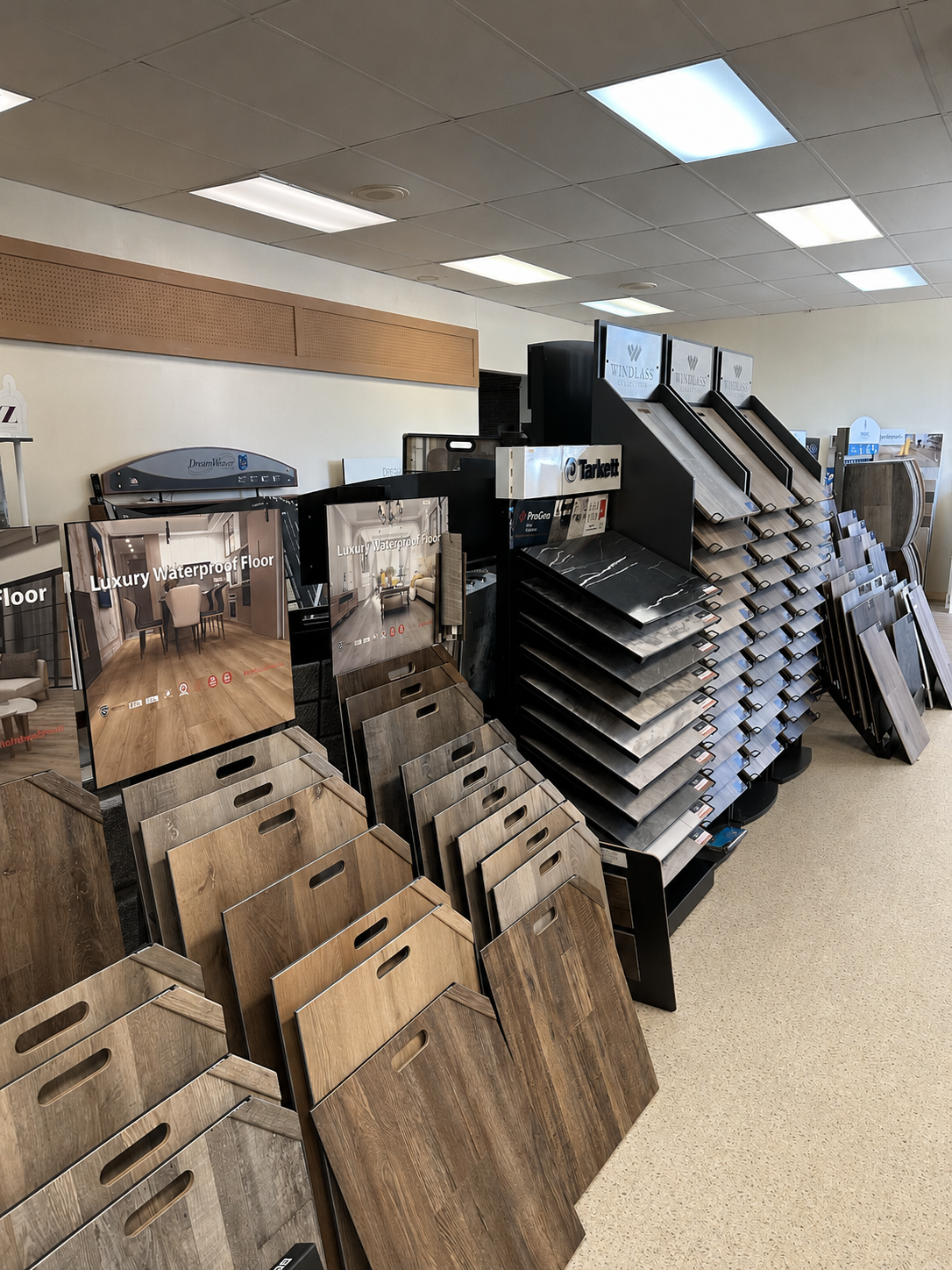 Premium luxury vinyl plank flooring samples showcased in our showroom